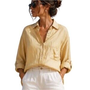 Embassy Row 100% Linen Shirt Size 14 Yellow Button-Up Old Money Preppy Style